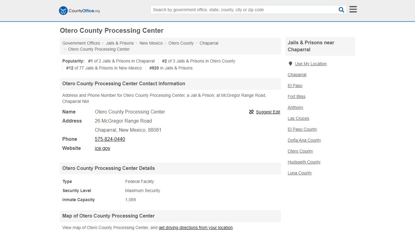 Otero County Processing Center - Chaparral, NM (Address ...